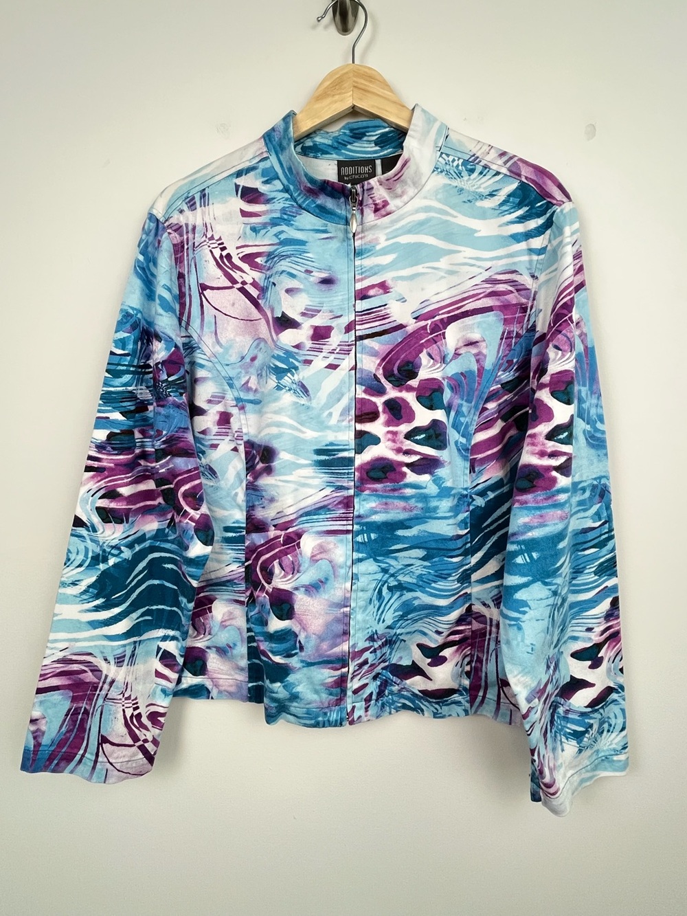 Additions by Chico’s blue & purple cotton spandex zip front jacket, size XL.